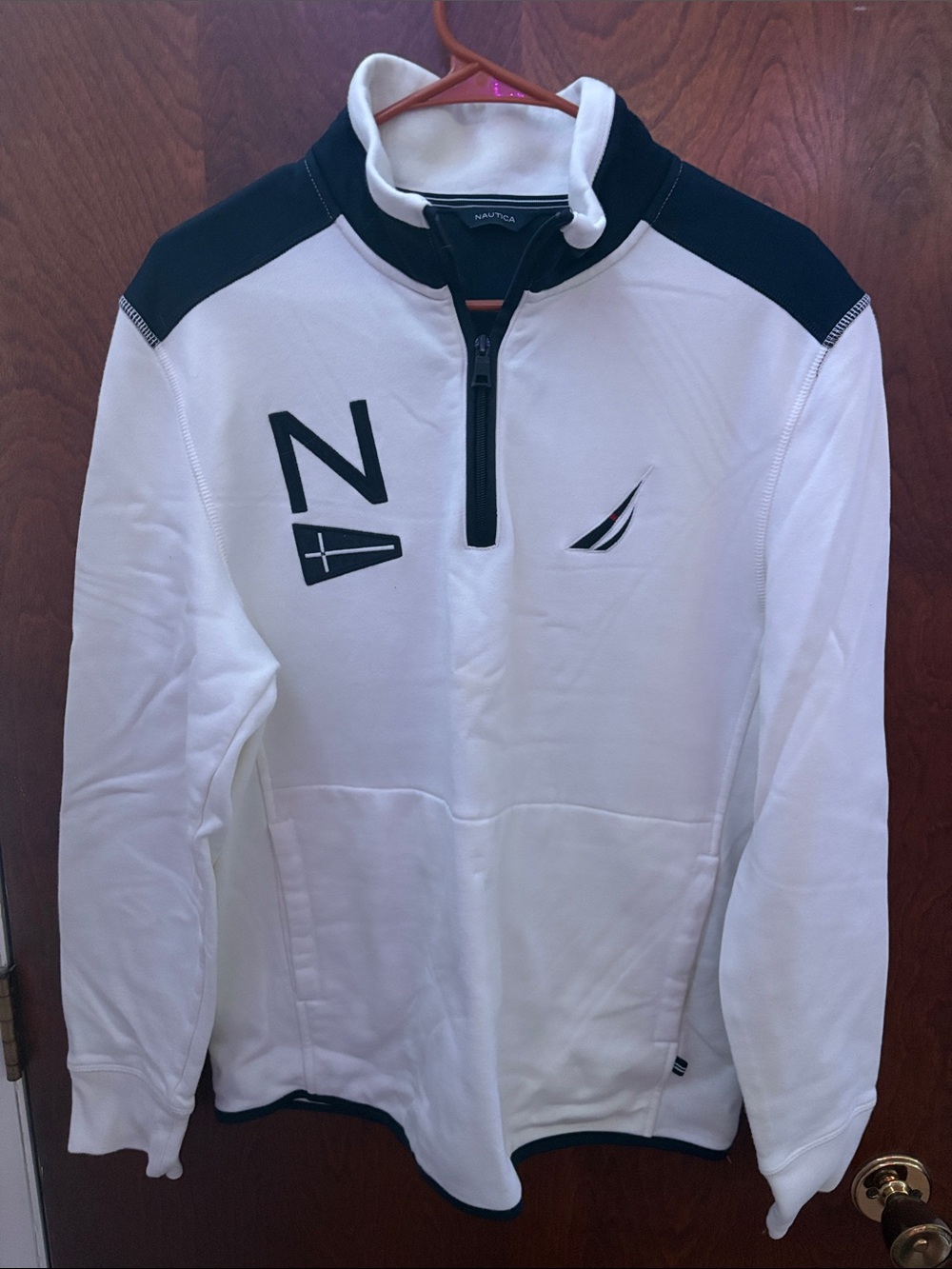 Vintage Nautica Men’s Large White and Navy Quarter-Zip Pullover